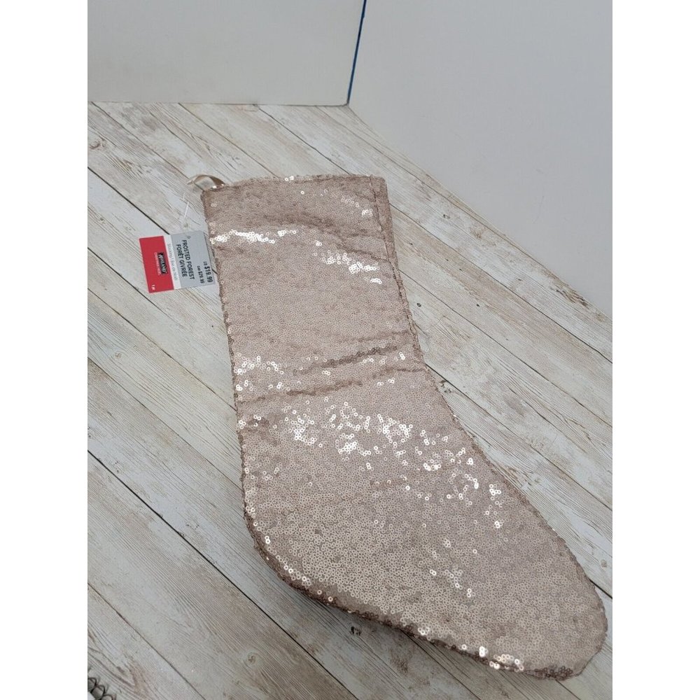 Gold Pink Frosted Forest Sequin Christmas Stocking Champange Sequins 17” New